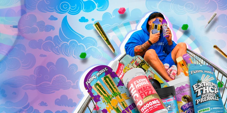 Flying Horse product assortment featuring disposable vapes and gummies