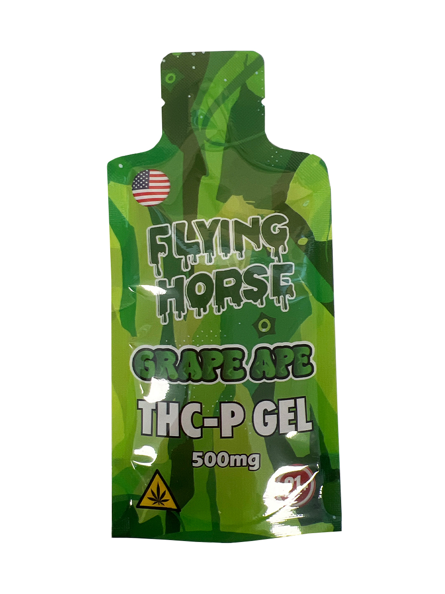Flying Horse THCP Gel bottles and softgels on clean display